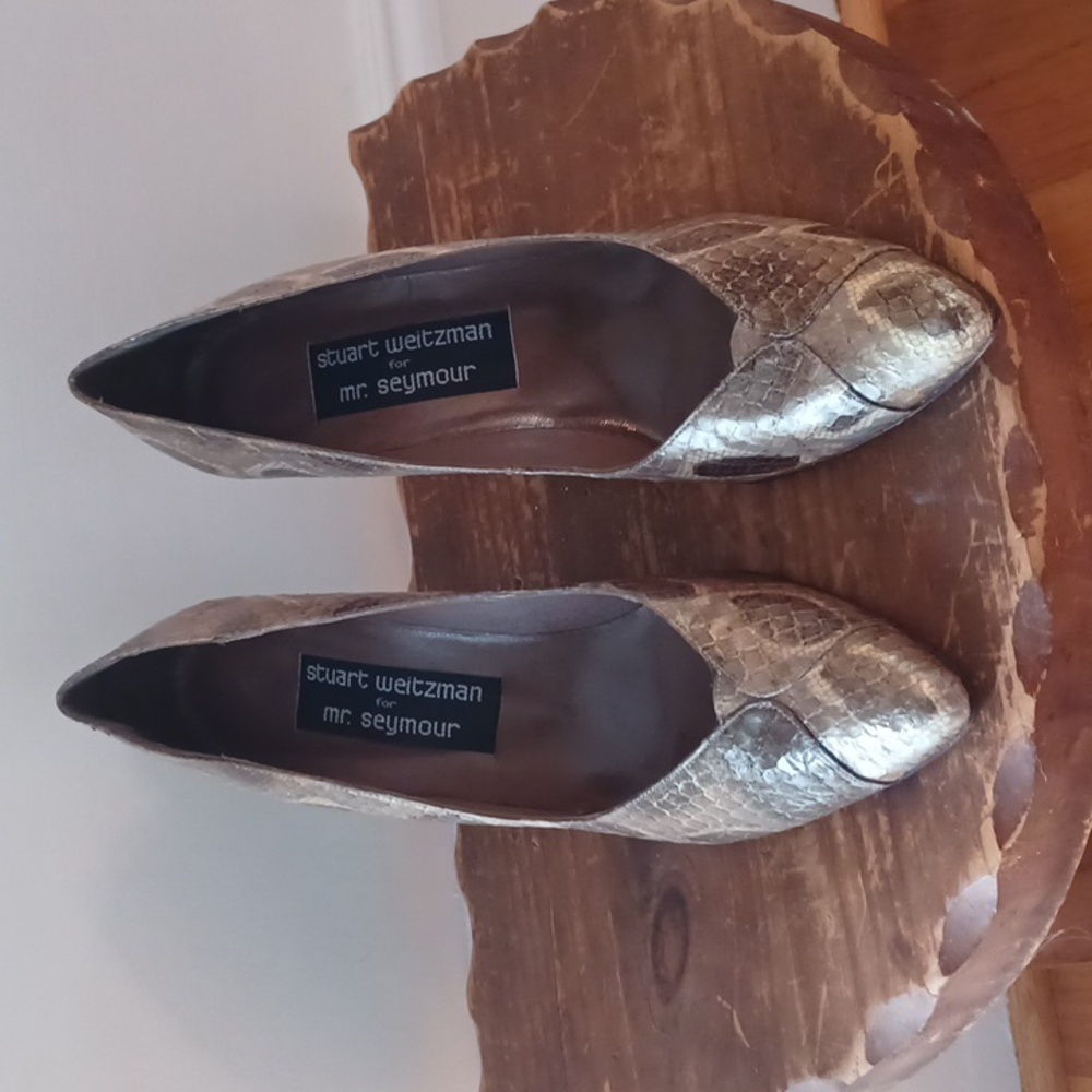 Stuart Weitzman For Mr. Seymour Vintage Gold Snakeskin Heels - Picture 2 of 6